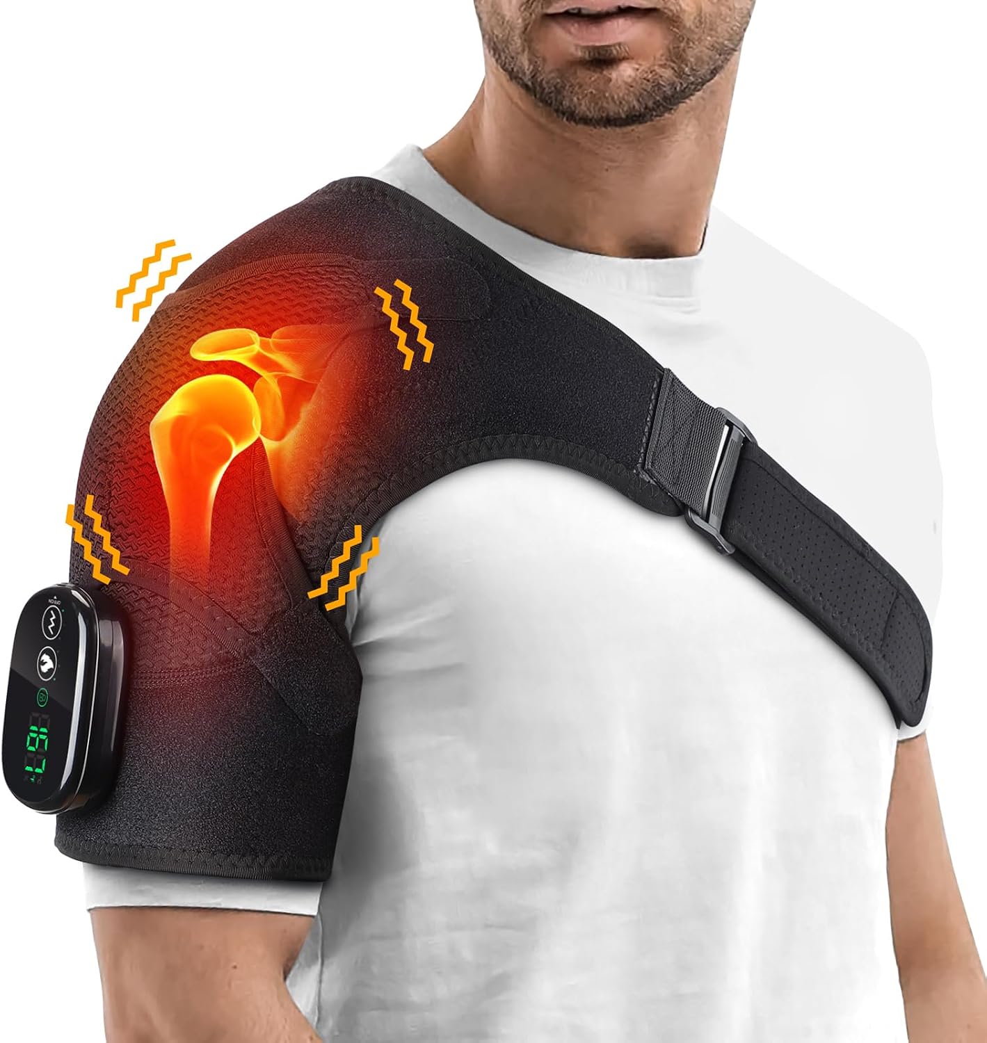 Cordless Heated Shoulder Brace with Vibration, 3 Heat & Massage Settings, Shoulder Heating Pad for Pain Relief, Adjustable Shoulder Warmer for Men and Women(Grey)