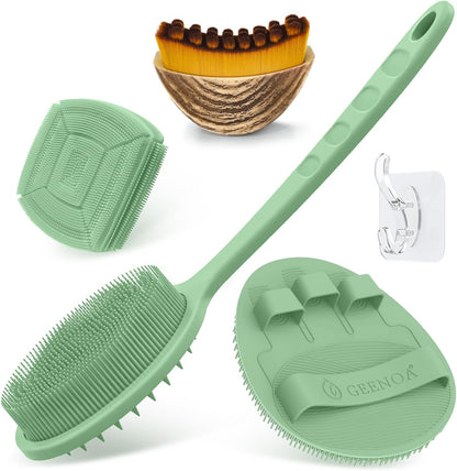 Silicone Back Scrubber & Bath Glove Set 2PCS, 13.4'' Gentle Shower Back Scrubber with Dual-Side Head Non-Slip Handle, 360° Anti-Slip Hand-fit Bath Glove for Rich Foaming Deep Cleaning(Black)
