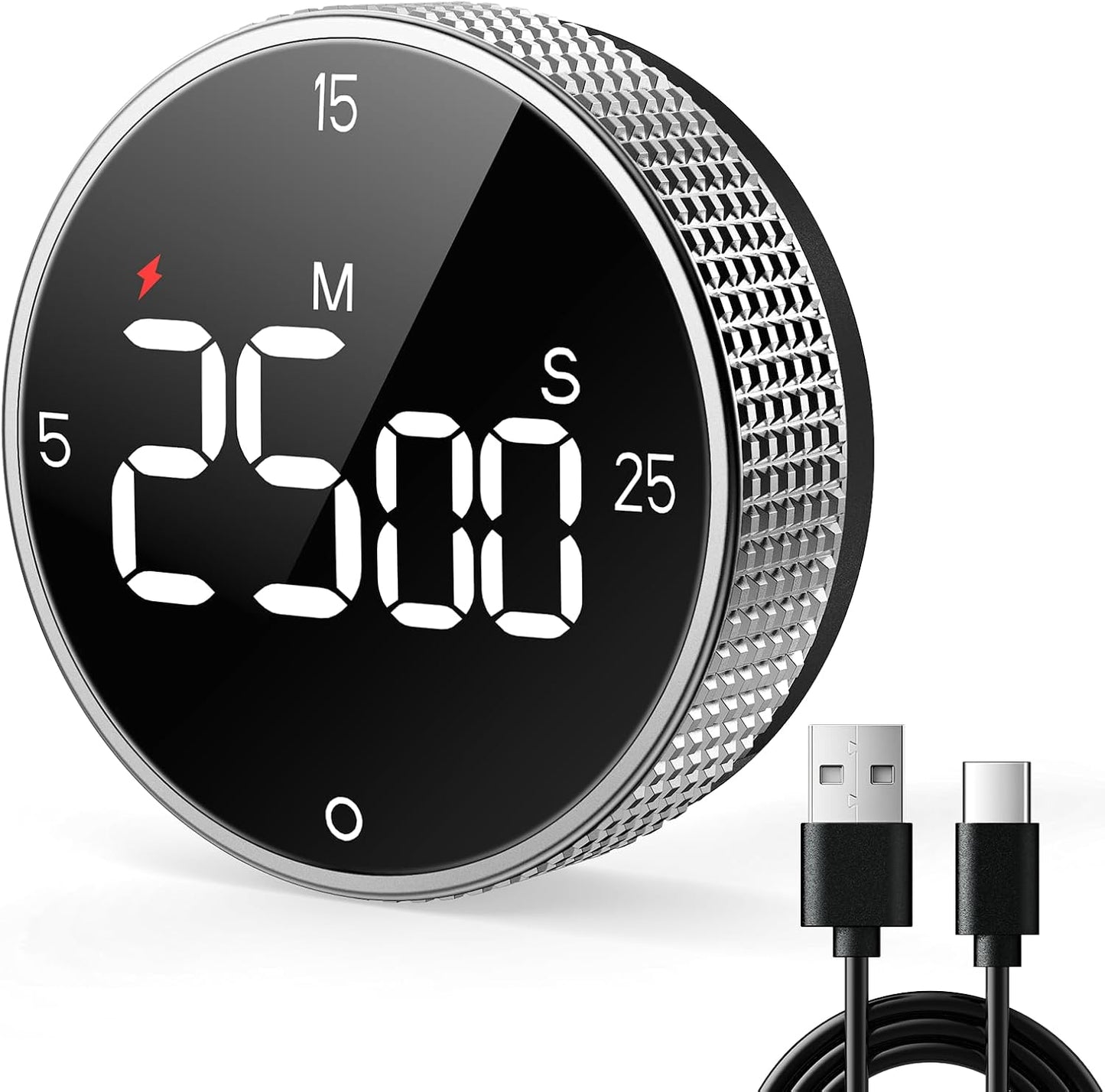 USB Rechargeable Magnetic Kitchen Timer for Cooking, Building 800mAh Battery Large Display Digital Countdown Countup Timer, 3 Preset 5/15/25 Mins Loud Alarm for Baking Grilling Studying
