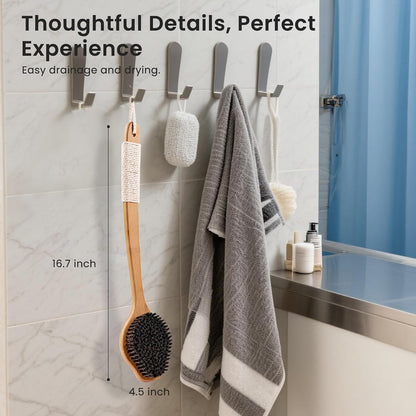 Back Scrubber for Shower，17in Bamboo with Curved Long Handle - Stiff Natural Boar Bristles for Men and Women, Deep Cleansing and Exfoliating, Anti-Slip Grip for Wet or Dry Brushing