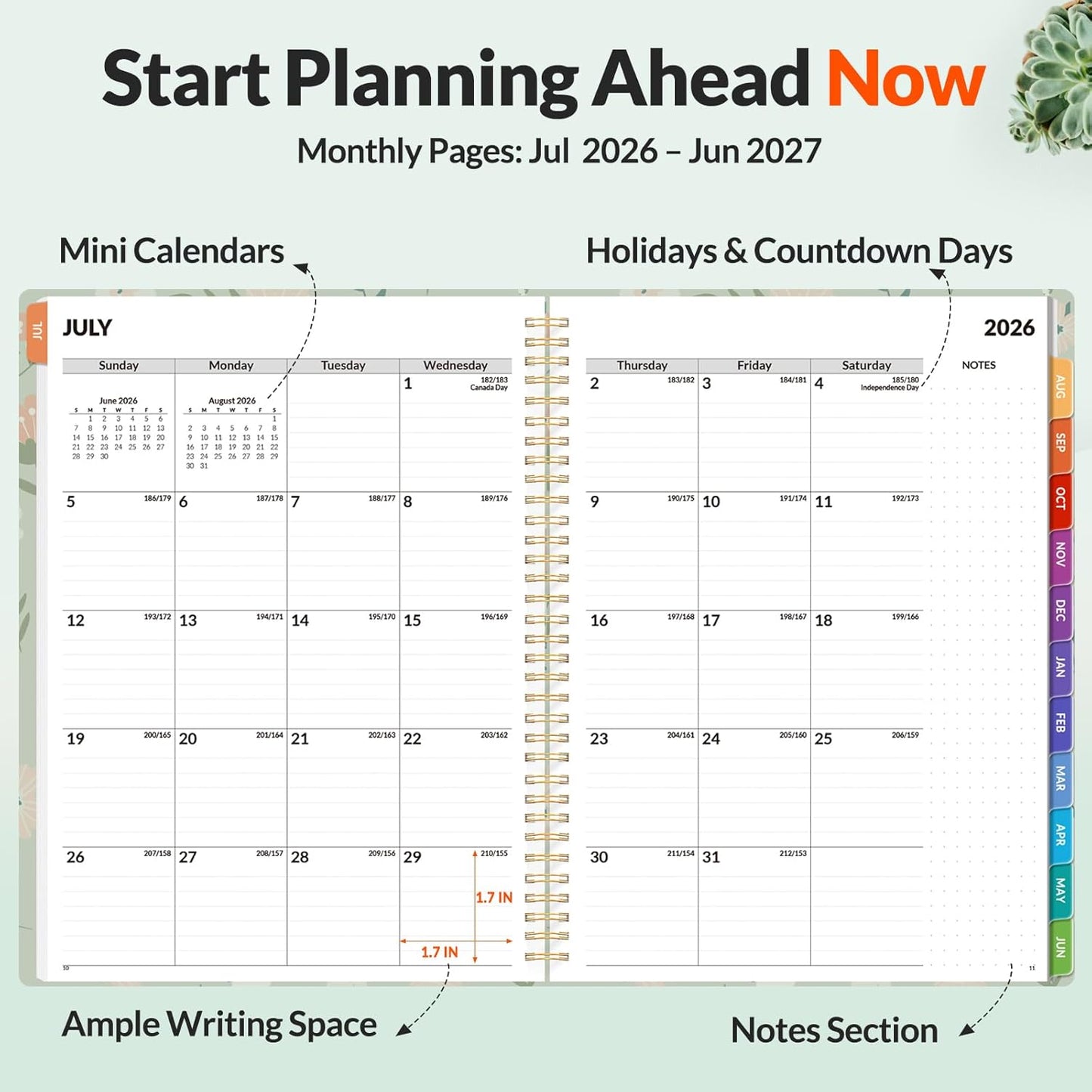 SUNEE Academic Planner 2026-2027 – Weekly & Monthly Planner, July 2026 to June 2027, 6.4"x8.3", Thick Paper, Tabs, Pockets, Bookmark, Spiral-Bound, Student Teacher Organizer, Black