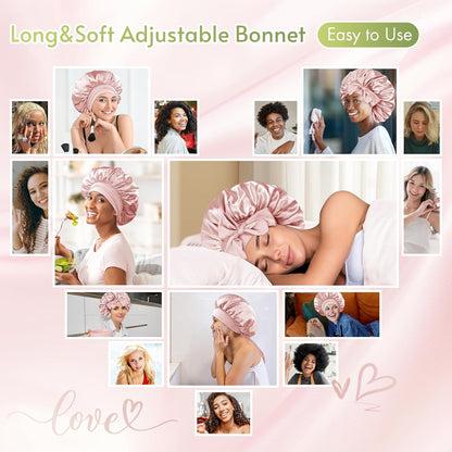 BONNET QUEEN Silk Bonnet for Sleeping for Women Satin Bonnet Night Cap for Curly Hair with Tie Band, Single Layer, Cream Pink