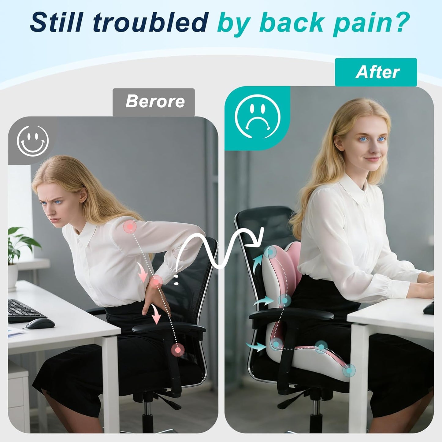 Seat Cushion for Office Chair and Car, Lumbar Support Pillow for Office Chair, Memory Foam Ergonomic Seat Cushion for Long Sitting, Back & Tailbone Pain, Sciatica - Dark Gray & Light Gray