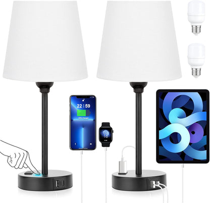Mini Bedside Lamps for Bedrooms Set of 2 - Nightstand Bedroom Lamps with USB C Port and AC Outlet Charging, Dimmable Touch Small Bed Side Table Lamp, Black Night Stand Light for Kids/Guest Room