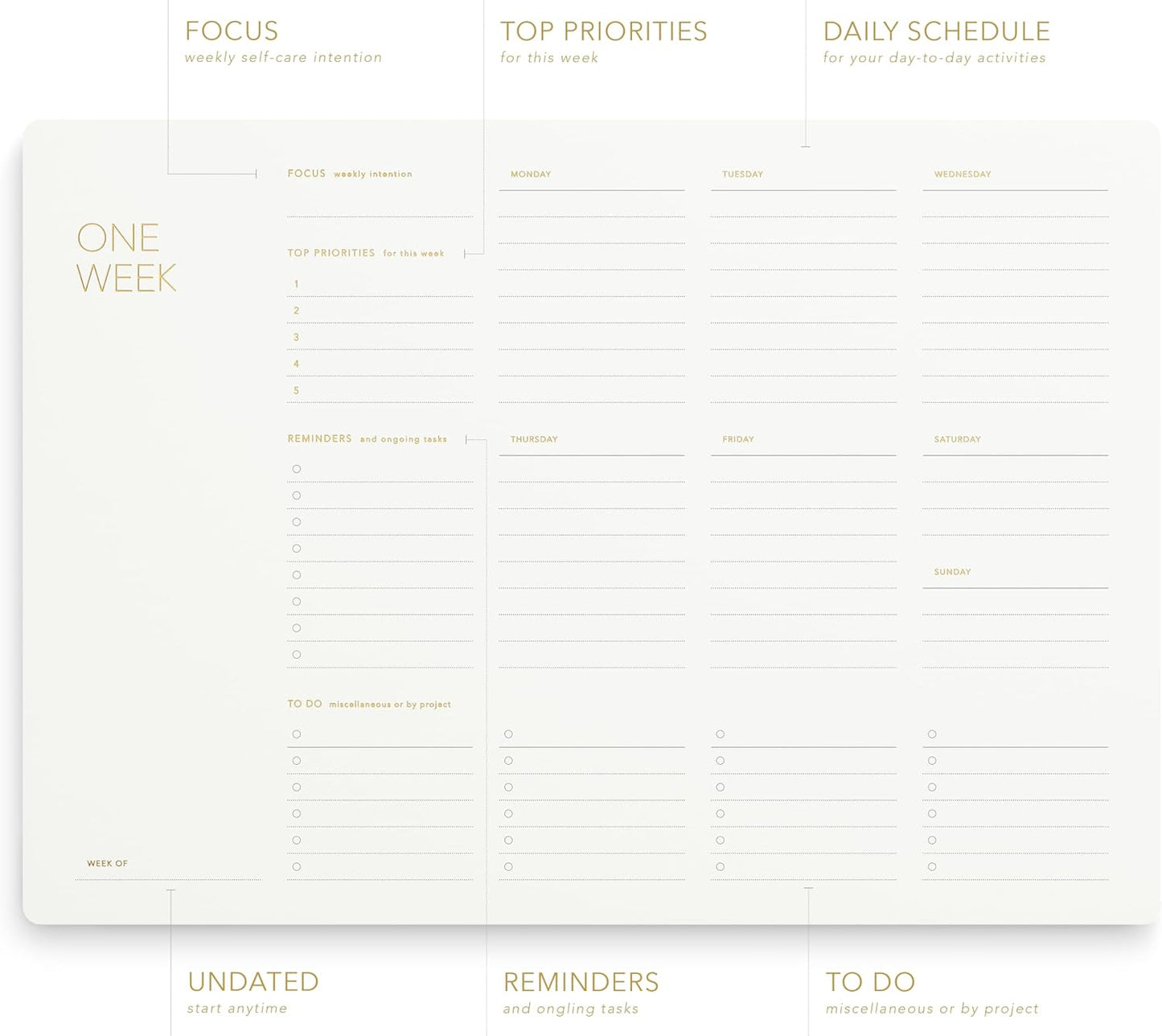 Pinesman - One Week - Elegant Undated Weekly Desk Planner, Gold Foiled, A4, Minimalist Weekly To Do List Notepad, Daily Schedule, Work Week Planner Pad, Eco-friendly, FSC™ Certified