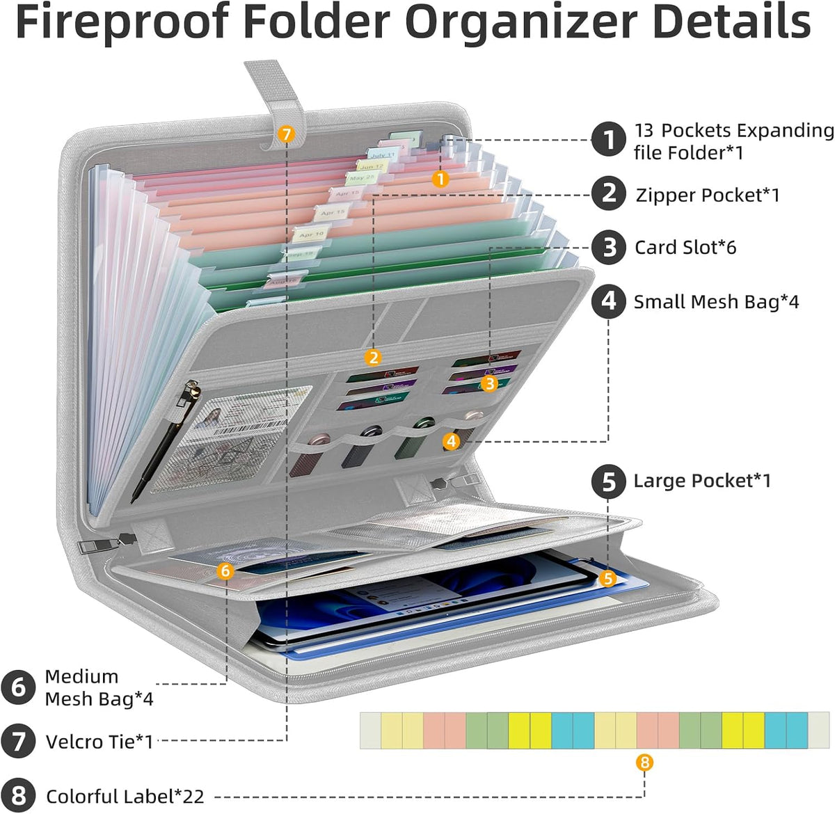 Fireproof Accordion File Organizer, Expanding File Folder with 13 Pockets
