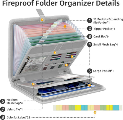 Fireproof Accordion File Organizer, Expanding File Folder with 13 Pockets
