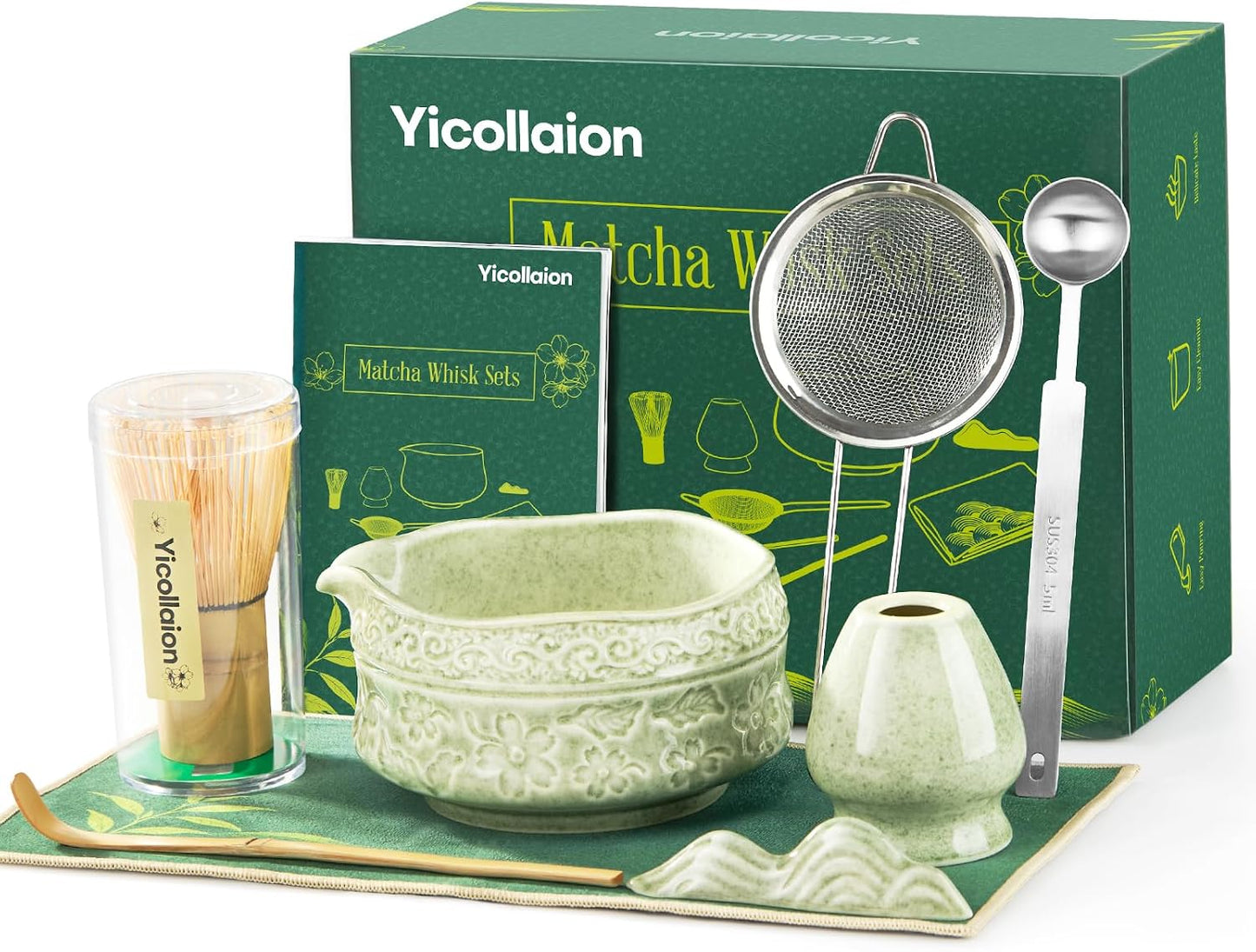 Matcha Whisk Set, Matcha Kit 9-Pcs, Bamboo Whisk and Ceramic Bowl with Spout & Measuring Spoon & Cup, Japanese Ceremony Matcha Tea Making Tools, Ideal Gift for Tea lover