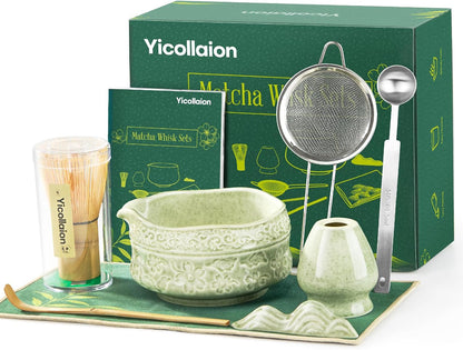 Matcha Whisk Set, Matcha Kit 9-Pcs, Bamboo Whisk and Ceramic Bowl with Spout & Measuring Spoon & Cup, Japanese Ceremony Matcha Tea Making Tools, Ideal Gift for Tea lover