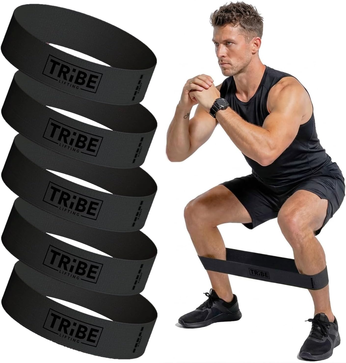 Tribe Lifting Fabric Resistance Bands for Working Out - 5 Exercise Bands Set for Legs and Glutes - Booty Bands for Women and Men - Thick Cloth Workout Bands for Physical Therapy, Hip Training