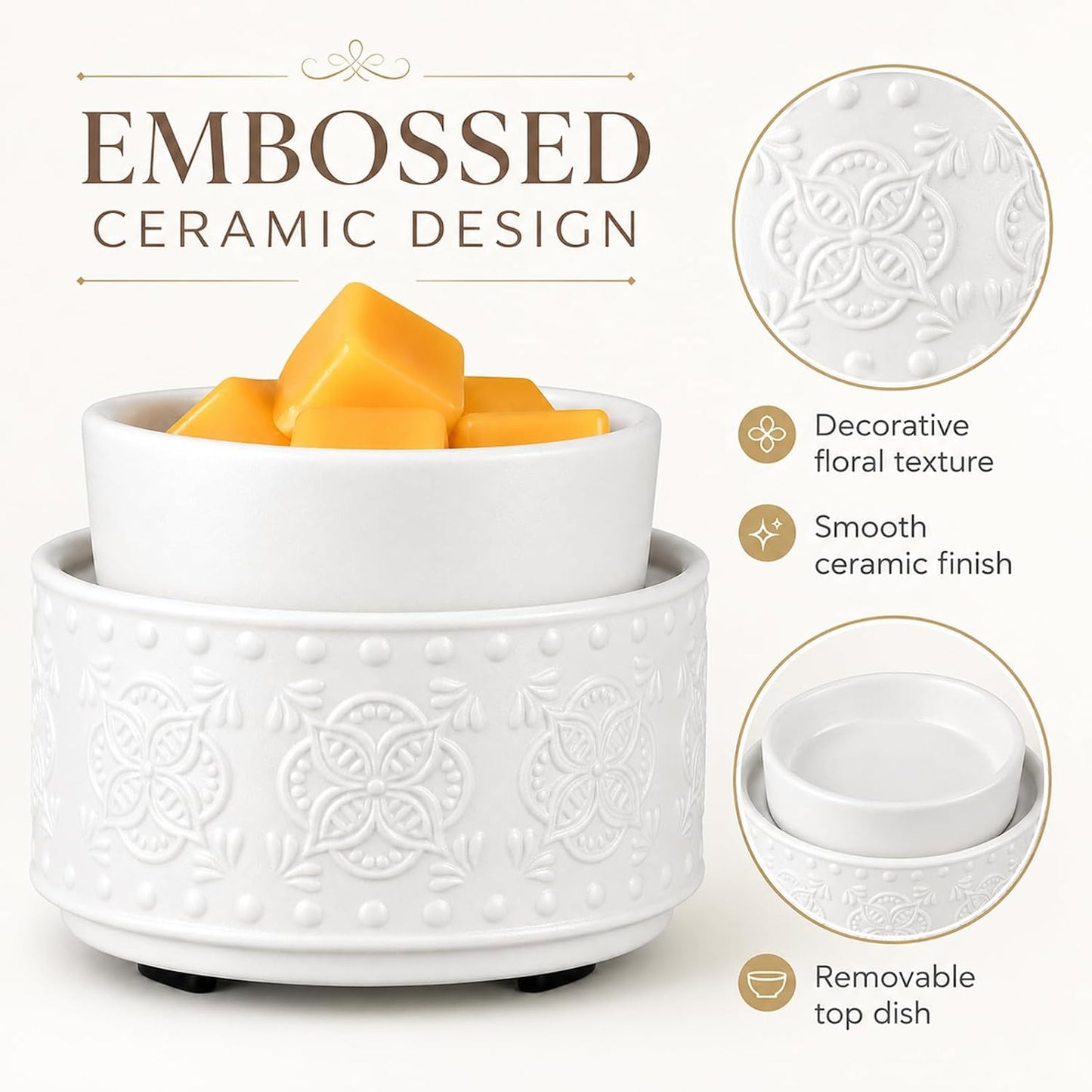 mocosa Ceramic Wax Melt Warmer, 3-in-1 Electric Wax Warmer for Scented Wax Melts, Flameless Candle Wax Burner for Home Fragrance, Bedroom Bathroom Office Decor, Gifts for Women Mom(Beige-Granular)