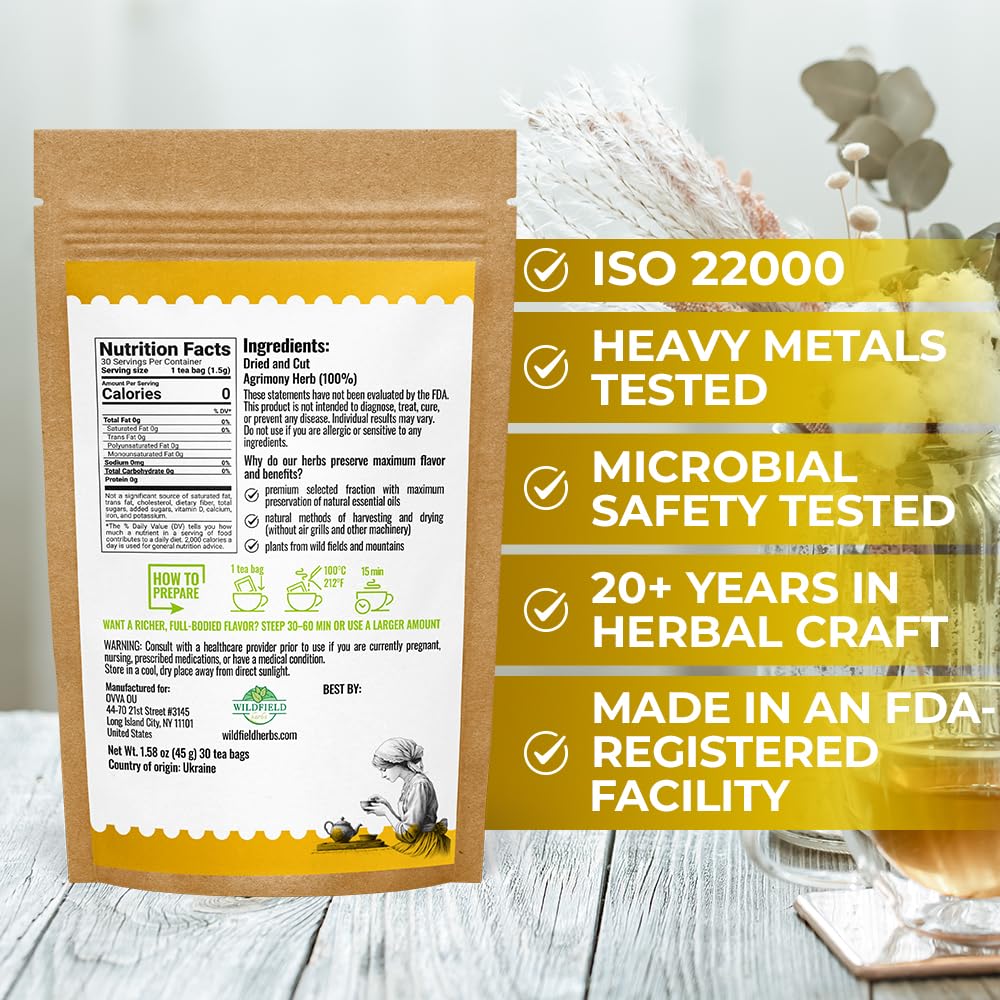 30 Bags Agrimony Herb Dried Cut Agrimony Flower Tea (Agrimonia Eupatoria L.) - 30 Count 1.5g Tea Bags Agrimonia Flor De Hierba De San Guillermo