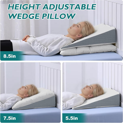 Bed Wedge Pillow for Sleep Apnea 7.5Inch Gerd Pillow Patent Dual Layer Triangle Pillow Adjustable Shredded Memory Foam Topper Soft Support Ideal for Acid Reflux, After Surgery, Snoring