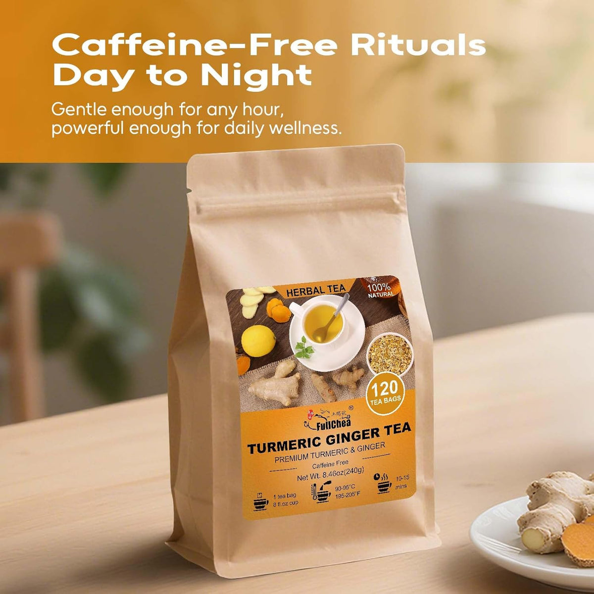 FullChea - Turmeric Ginger Tea Bags, 120 Count, Dried Herbal Blend