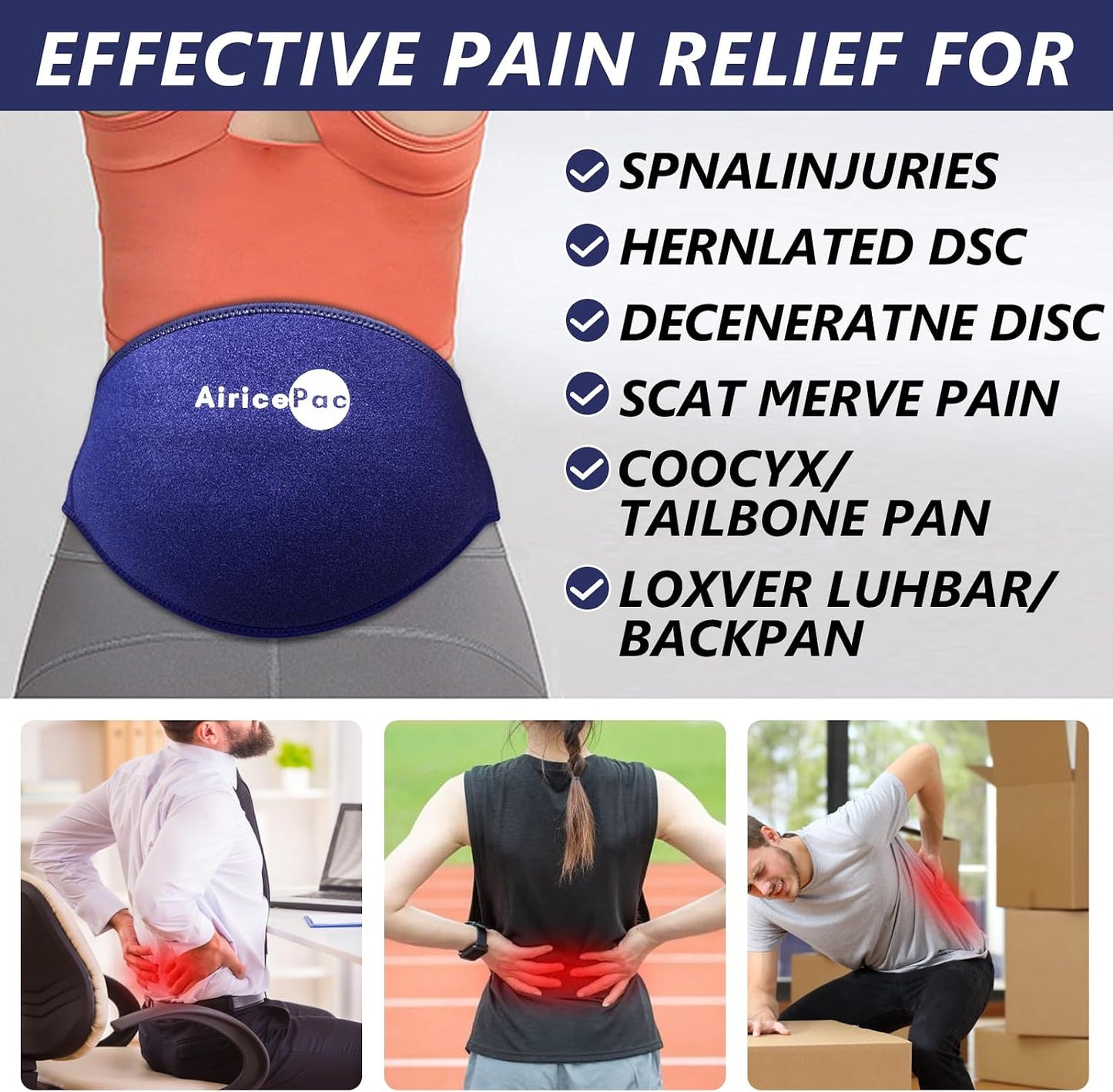 AiricePac Ice Pack for Back Pain Relief, Reusable Gel Lower Back Wrap, Cold Compress Therapy for Waist Lumbar Injuries, Sciatic Nerve, Herniated or Degenerative Disc, Coccyx, Tailbone Pain Blue