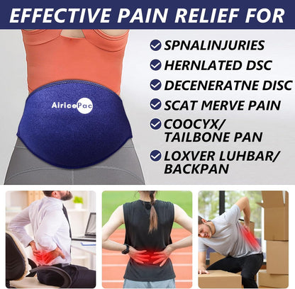AiricePac Ice Pack for Back Pain Relief, Reusable Gel Lower Back Wrap, Cold Compress Therapy for Waist Lumbar Injuries, Sciatic Nerve, Herniated or Degenerative Disc, Coccyx, Tailbone Pain Blue