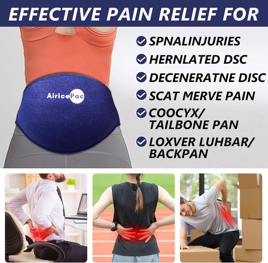 AiricePac Ice Pack for Back Pain Relief, Reusable Gel Lower Back Wrap, Cold Compress Therapy for Waist Lumbar Injuries, Sciatic Nerve, Herniated or Degenerative Disc, Coccyx, Tailbone Pain Blue