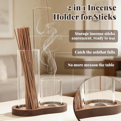 2-in-1 Glass Incense Holder with Ash Collector and Incense Stick Storage Upside Down Hanging Incense Holder, Anti-Splashing Design, Perfect for Meditation, Yoga, Spa, and Home Decoration