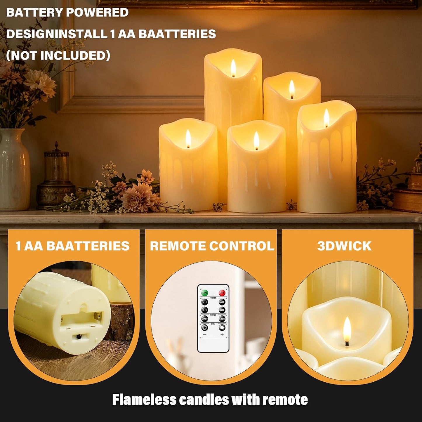 Nimiko Flameless Candles with Remote, Battery Operated Flickering Flameless Candles, LED Candles with Timer 2/4/6/8H, with Realistic LED Candles Set of 9 (D3 x H 3" 4" 5" 6" 7") (Ivory)