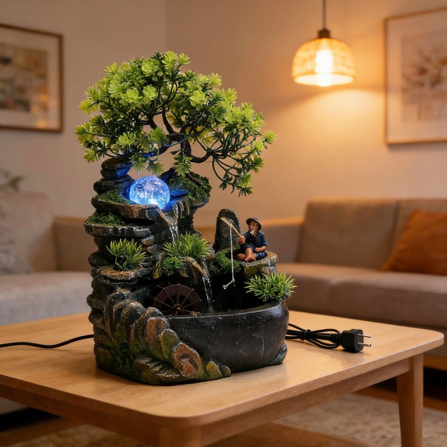 Mini Artificial Bonsai Tree Waterfall Fog Feature Rock Tabletop Fountain | 11in Desktop Decor Waterfall Fountain W/ Water Pump& Atomizer&LED Lights &Fake Tree Office Bedroom Relax