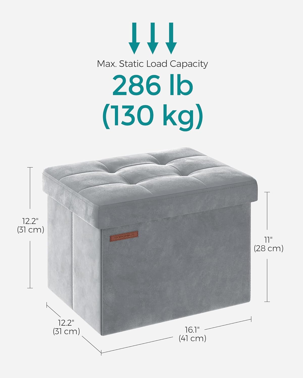 SONGMICS Small Folding Storage Ottoman, Foot Rest Stool, Cube Footrest, Synthetic Leather, 12.2 x 16.1 x 12.2 Inches, 286 lb Capacity, for Living Room, Bedroom, Dorm, Ink Black ULSF100B01