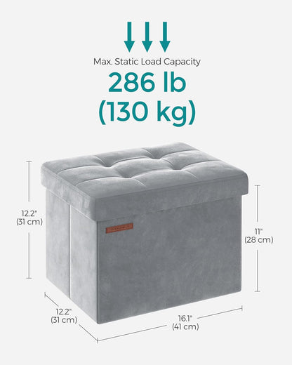 SONGMICS Small Folding Storage Ottoman, Foot Rest Stool, Cube Footrest, Synthetic Leather, 12.2 x 16.1 x 12.2 Inches, 286 lb Capacity, for Living Room, Bedroom, Dorm, Ink Black ULSF100B01