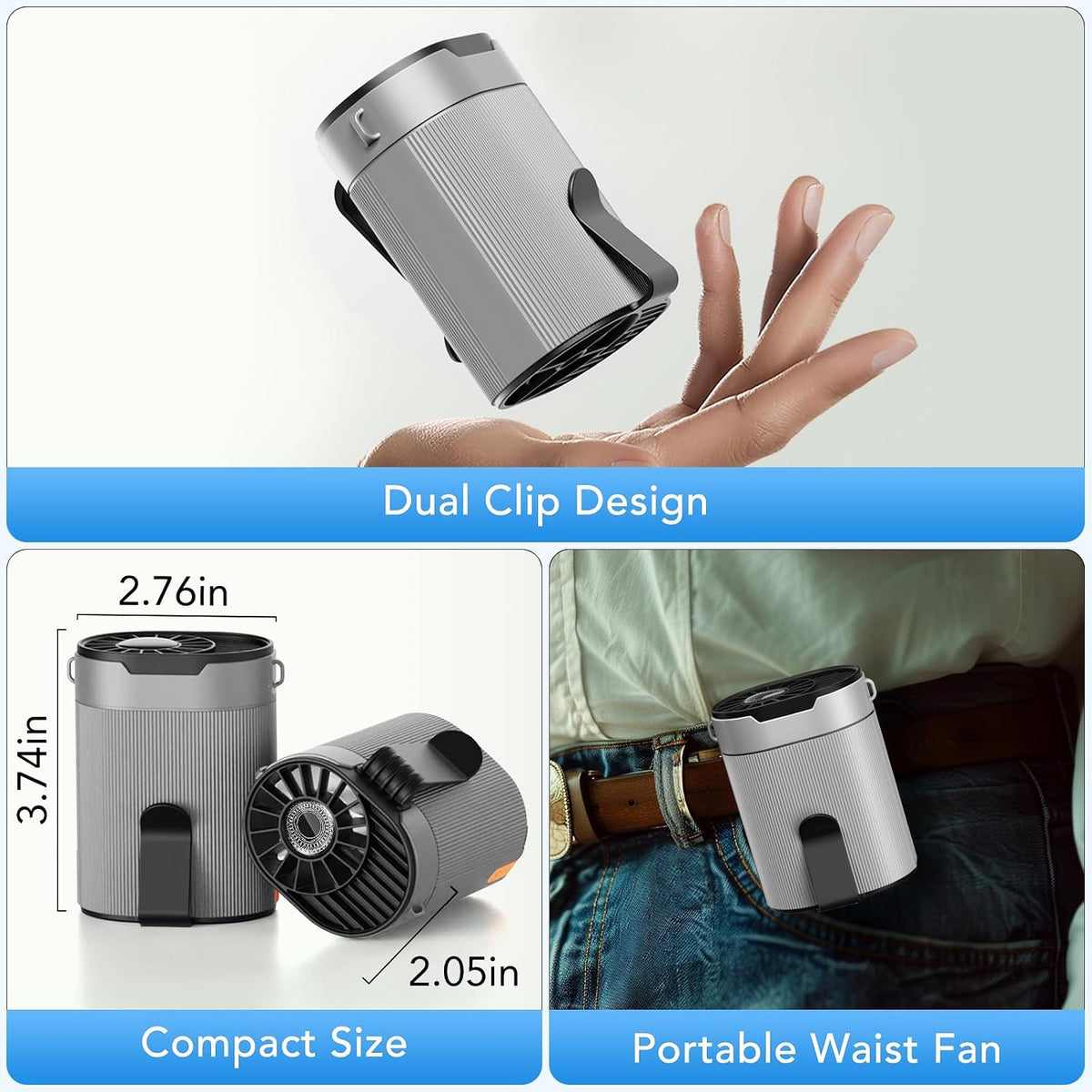 Portable Waist Fan, Rechargeable 3000mAh Battery, 25H Runtime, 6600RPM Turbo Dual Clip, 4 Speeds Adjustable, Belt Fans for Hiking, Riding, Fishing, Hands-Free Hanging Fan Gifts for Worker