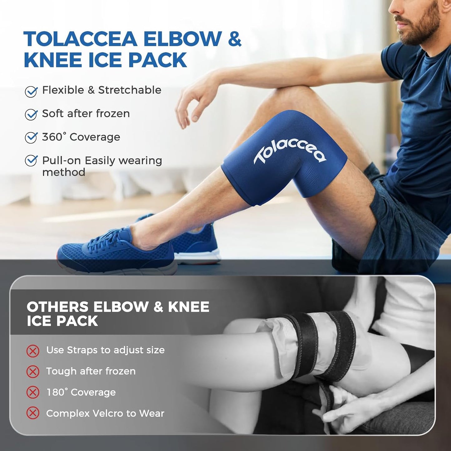Tolaccea Hot & Cold Therapy Flexible Ice Packs Cold Therapy Compression Sleeve Reusable Gel Pack for Injury Cold Wrap for Knee Calf Elbow (Large (Pack of 1), Blue)