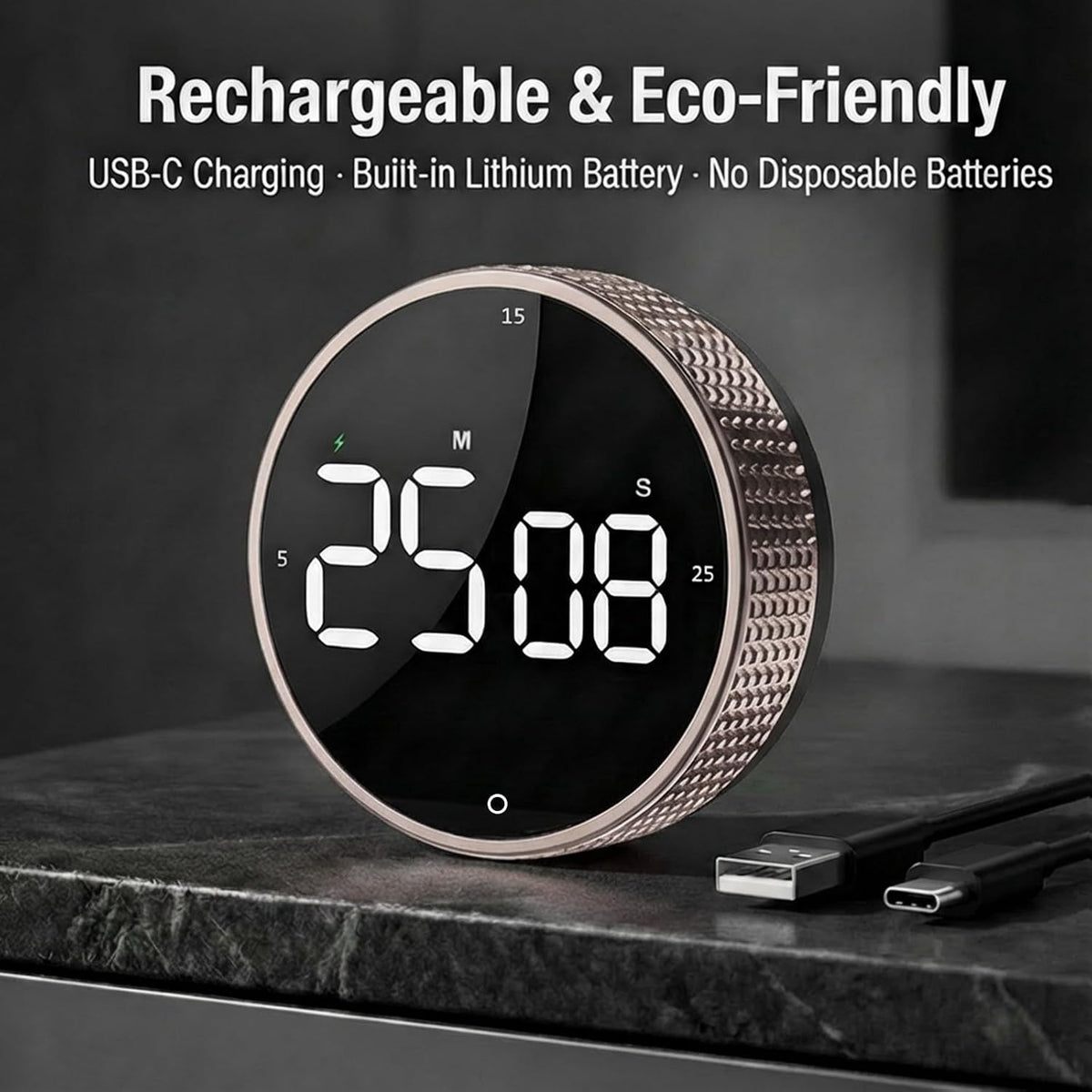 Rechargeable Magnetic Kitchen Timer, LED Countdown/Count-Up Timer, Supports USB-C Charging, with Loud Alarm, 3 Preset Quick Times (5/15/25m), Perfect for Kitchen Cooking, Studying, and Fitness