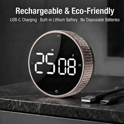 Rechargeable Magnetic Kitchen Timer, LED Countdown/Count-Up Timer, Supports USB-C Charging, with Loud Alarm, 3 Preset Quick Times (5/15/25m), Perfect for Kitchen Cooking, Studying, and Fitness