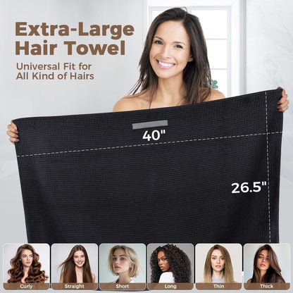 HOMEXCEL 5 Pack Microfiber Hair Towels - 40 x 20 inches Super Soft, Fast Drying Turbans for Long, Thick, Curly Hair - Anti Frizz Wrap with Elastic Strap