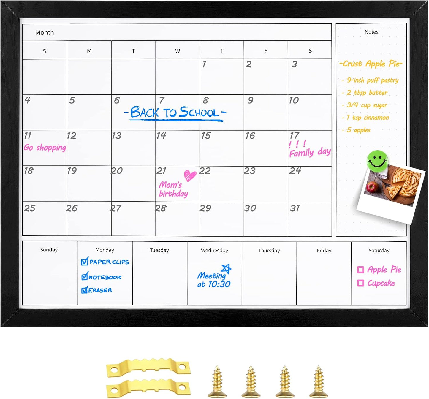 3-in-1 Dry Erase Calendar for Wall, Magnetic Surface Calendar Whiteboard | 17x13 inches Monthly & Weekly Planner Whiteboard, Dry Erase Board with Black Wood Frame, Magnetic Calendar for Classroom