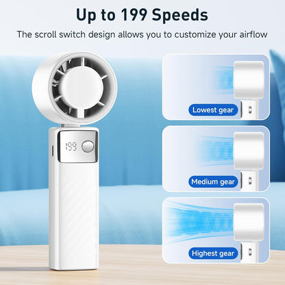 YOSHENMO Portable Handheld Turbo Fan - Foldable Mini Fan with Air Turbo Tech, 1-199 Speed Adjustment, 20H Runtime, LED Display, Battery-Powered for Indoor/Outdoor Use, Dark Black