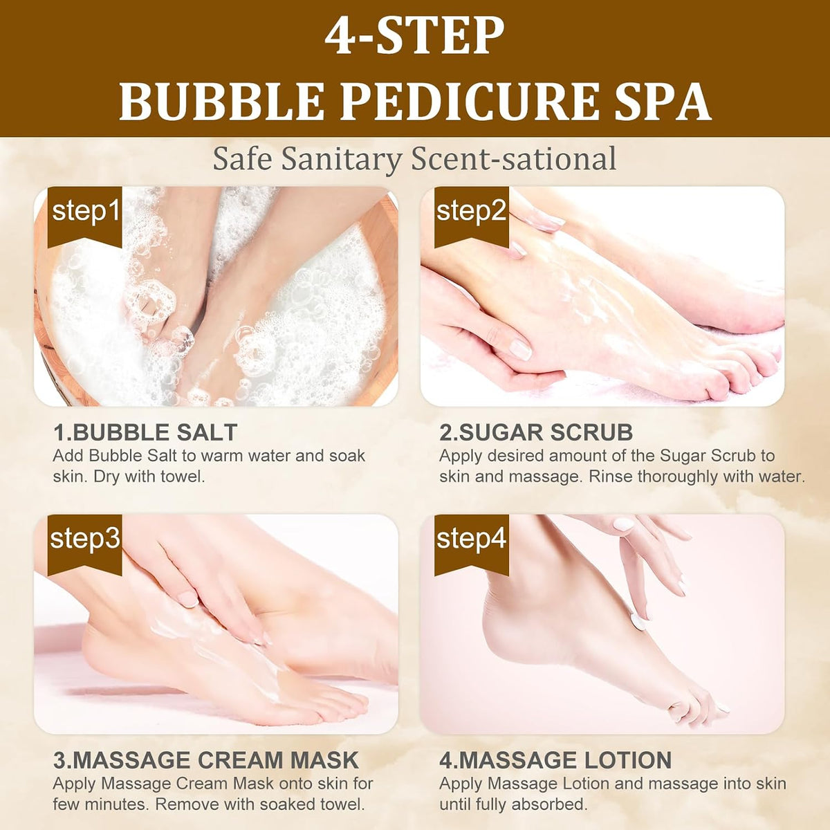 Pedicure Kit Foot Soak Set: Bubble Salt, Sugar Scrub, Massage Mask, Massage Lotion in a Box, 4 Step Foot Spa Kit for Dry Feet, Softens Calluses, Tired Feet（ Lavender) - Colors B