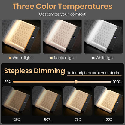LED Book Light, 3 Color Temps & Stepless Dimming, Night Reading with Timer