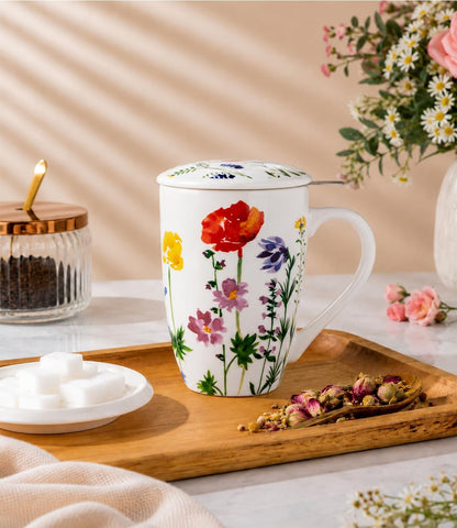 AmorArc 18oz Porcelain Tea Mug with Infuser & Lid, Loose Leaf Tea Cup with Stainless Steel Strainer, Large Coffee Mug Gift for Women, Tea Lovers, Home & Office
