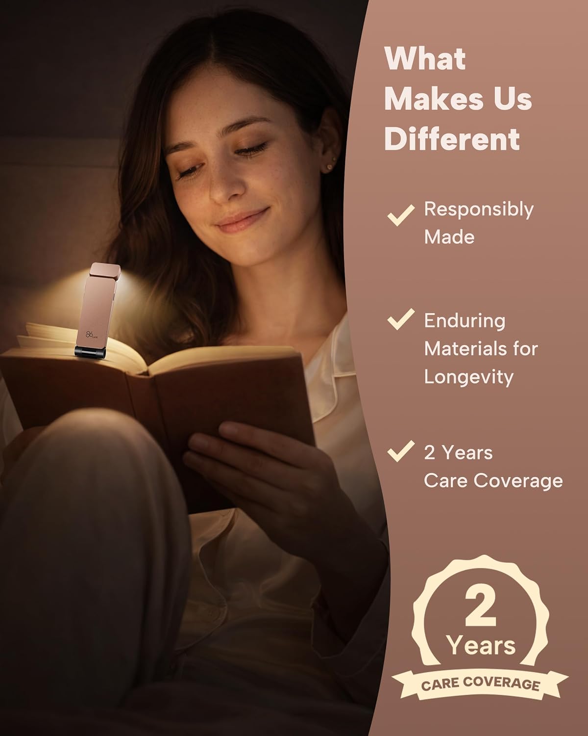86lux Book Light, Rechargeable Clip-On LED Reading Light for Bed & Night Use - 3 Color Temperatures with Stepless Dimming, Ultralight Bookmark Design for Book Lovers, Grey