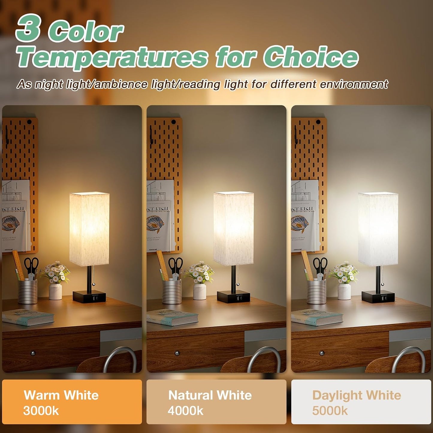 aooshine Small Table Lamp for Bedroom - Bedside Lamps for Nightstand, Minimalist Night Stand Light Lamp with Square Fabric Shade, Desk Reading Lamp for Kids Room Living Room Office Dorm