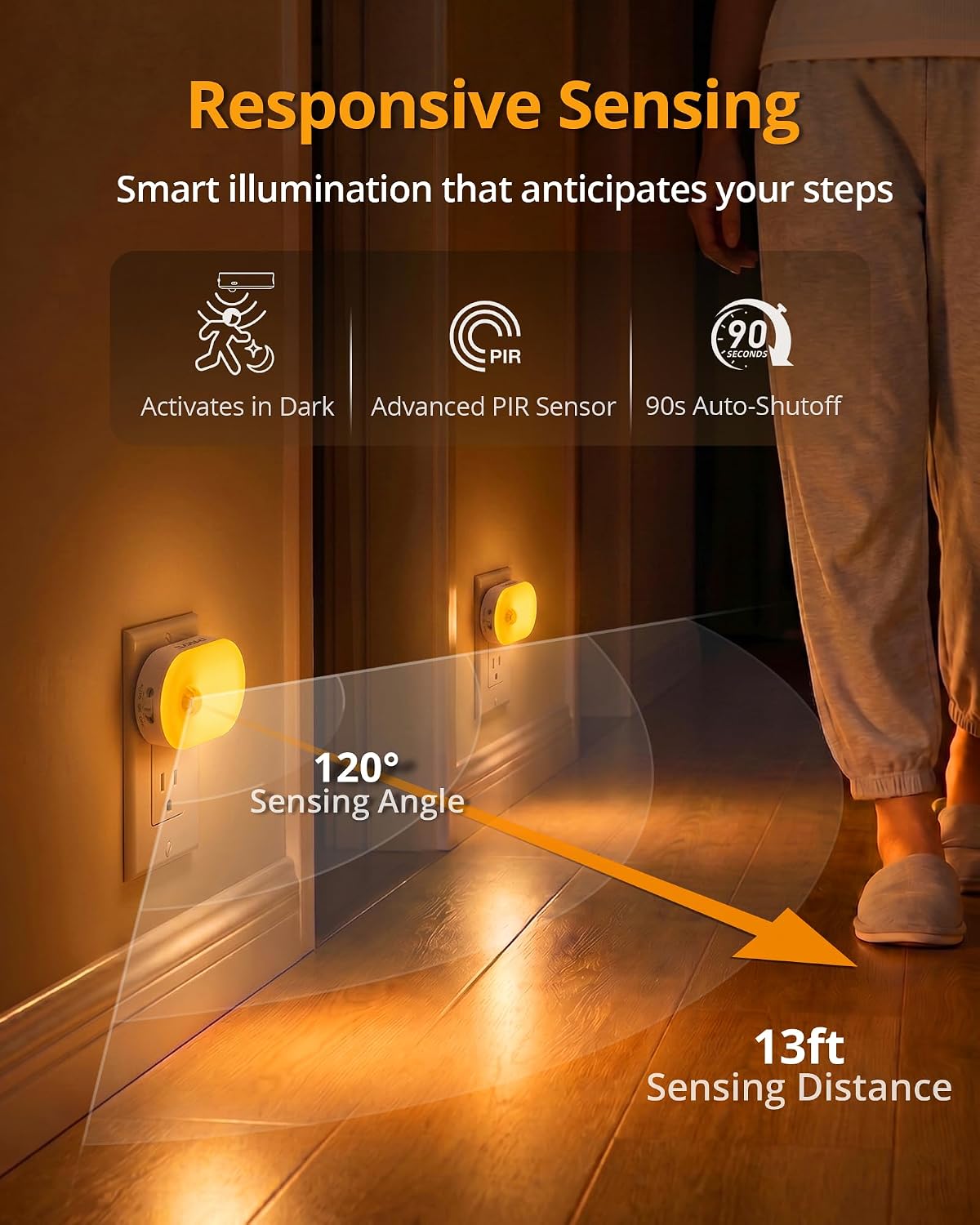 Lyridz 120LM Ultra Bright Plug-in Motion Sensor Night Light, Stepless Dimmable LED Nightlight, Always-On and Auto-Off, for Hallway, Stairs, Bathroom, Bedroom, Garage, Amber (2-Pack)