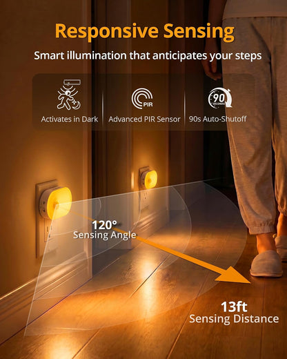 Lyridz 120LM Ultra Bright Plug-in Motion Sensor Night Light, Stepless Dimmable LED Nightlight, Always-On and Auto-Off, for Hallway, Stairs, Bathroom, Bedroom, Garage, Amber (2-Pack)