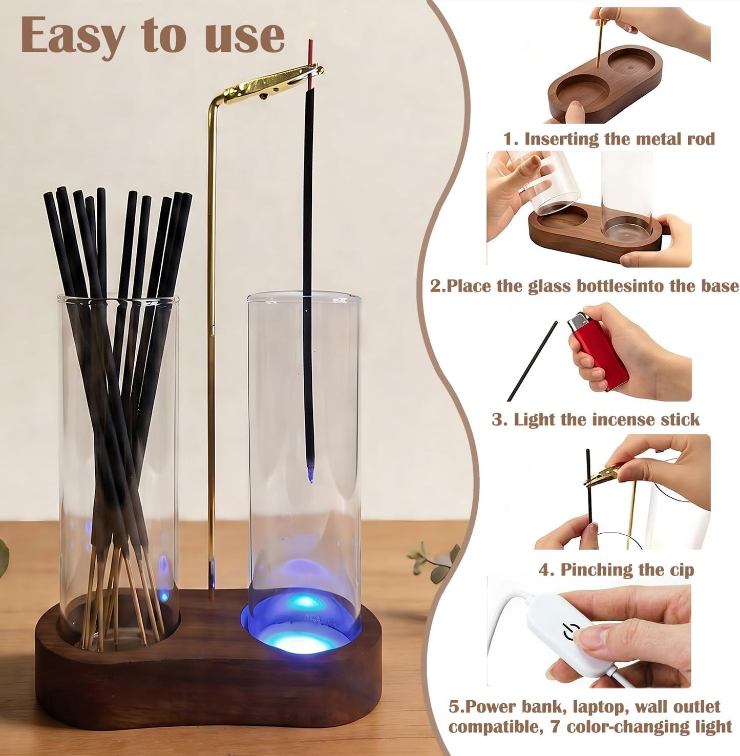 Glass Glowing Incense Holder - Modern Double Tube Incense Stick Burner with Ash Catcher - Aesthetic 2-in-1 Fragrance Display for Palo Santo, Sage & Candles - Zen Decor for Yoga & Meditation