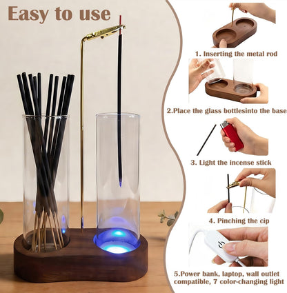 Glass Glowing Incense Holder - Modern Double Tube Incense Stick Burner with Ash Catcher - Aesthetic 2-in-1 Fragrance Display for Palo Santo, Sage & Candles - Zen Decor for Yoga & Meditation