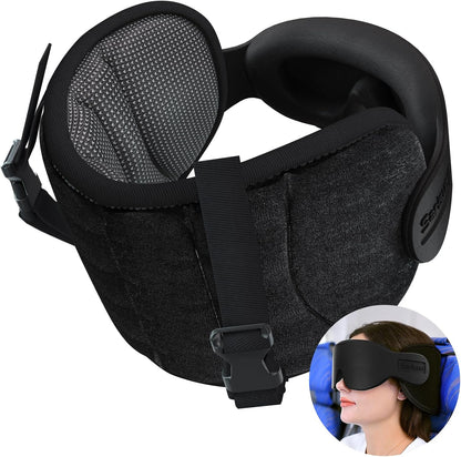SARISUN Travel Pillows for Airplanes, 360° Stable Support Airplane Pillow with 3D Eye Mask, Headrest Pillow for Long Flight Road Trip Sleep, Stop Bobblehead Travel Essential, Black
