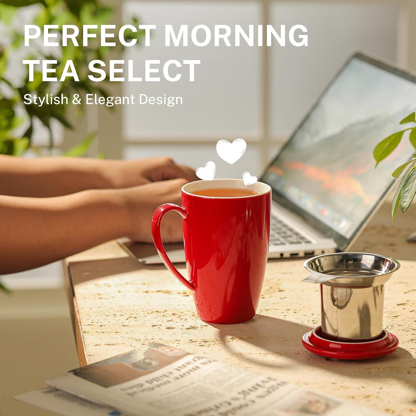 Sweese 15oz Porcelain Tea Mug with Infuser and Lid – Microwave Safe, Ergonomic Handle, Lead-Free Glaze, for Loose Leaf Tea