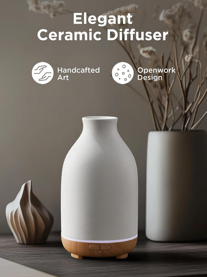 InnoGear Aromatherapy Diffuser, 150ml Ceramic Diffuser Mother's Gift Ultrasonic Humidifier Cool Mist Essential Oil Diffusers for Home Air Diffuser with 2 Mist Modes Waterless Auto Off, White