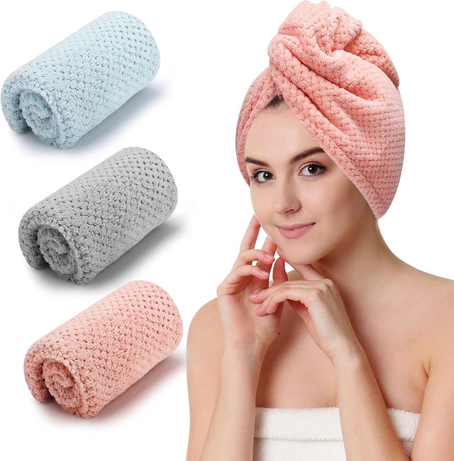 CZZXI 3 PCS Microfiber Hair Towel, Hair Wraps for Women Wet Hair, Fast Drying Hair Turban, Anti Frizz Head Towels Wrap for Curly Hair (Purple, Pink, Blue)