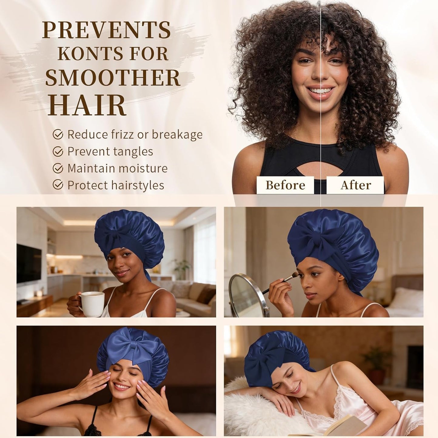 Silk Bonnet Satin Bonnet for Sleeping Large Bonnets with Tie Band Hair Wrap with Adjustable Straps Hair Cap for Women Curly Black