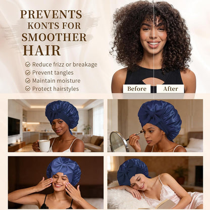 Silk Bonnet Satin Bonnet for Sleeping Large Bonnets with Tie Band Hair Wrap with Adjustable Straps Hair Cap for Women Curly Black