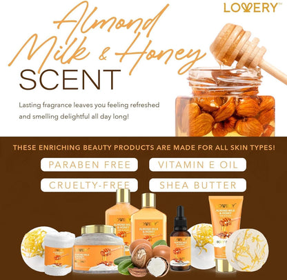 Gifts for Women Gift Basket for Women - 10 Pc Almond Milk & Honey Beauty & Personal Care Set - Home Bath Pampering Package for Relaxing - Spa Self Care Kit - Birthday, Mom, Anniversary Gift