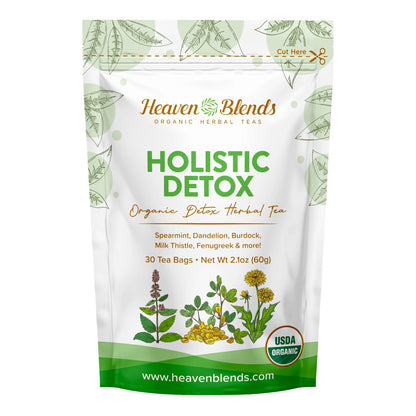 Heaven Blends Organic Holistic Detox Tea – USDA Organic - Spearmint, Dandelion, Burdock, Milk Thistle Seed, Fenugreek & Yellowdock Root – sugar free, caffeine free, and gluten free. 30 Sachet